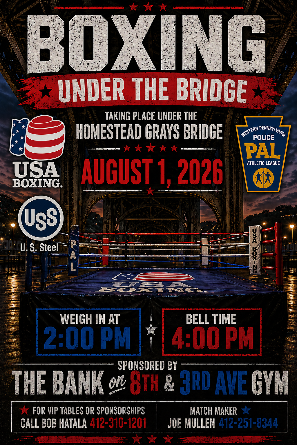 Boxing Under the Bridge - USA Boxing event under the Homestead Grays Bridge, August 1, 2026, weigh-in 2:00 PM, bell time 4:00 PM