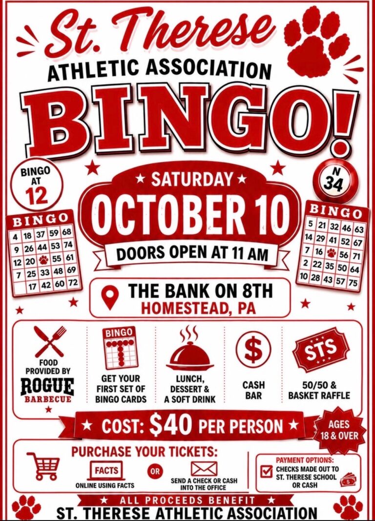 St. Therese Athletic Association Bingo flyer - Saturday October 10, doors 11am, bingo at 12, The Bank on 8th, Homestead PA