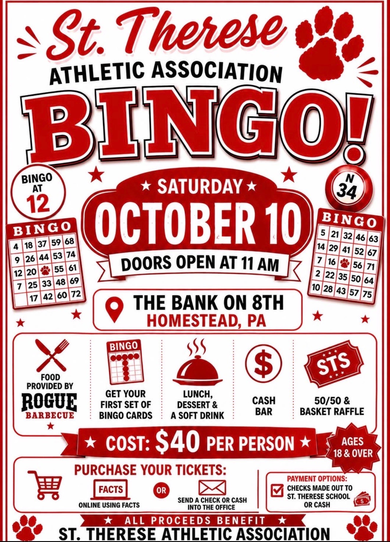 St. Therese Athletic Association Bingo flyer - Saturday October 10, doors 11am, bingo at 12, The Bank on 8th, Homestead PA