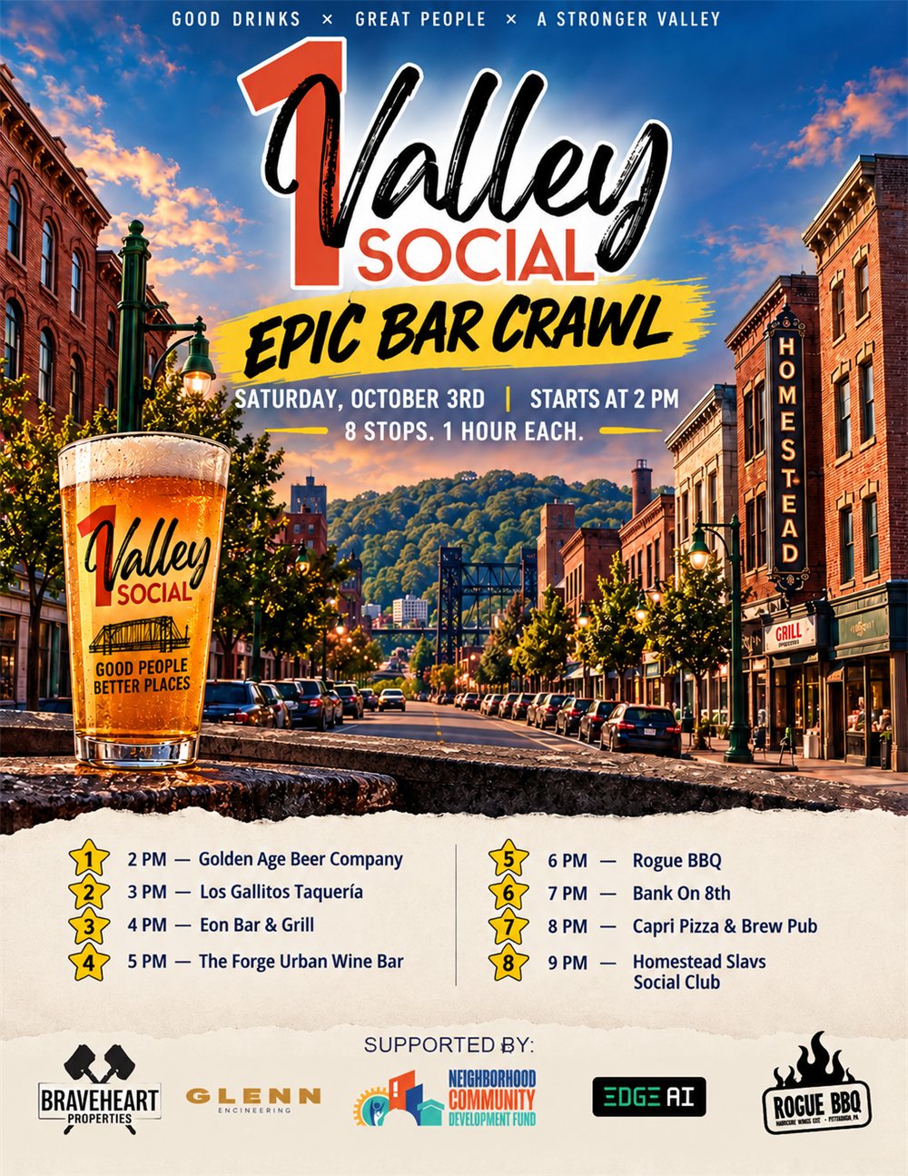 1 Valley Social Epic Bar Crawl flyer - Saturday October 3, 8 stops starting 2 PM, Bank On 8th at 7 PM